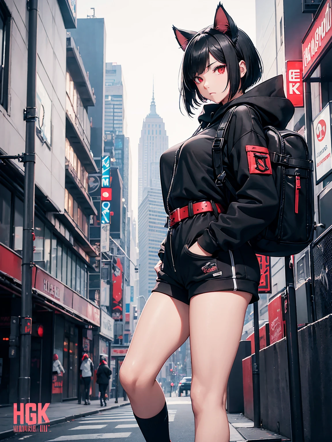 Female Solo、Black hair short bob、large full breasts、Slender eyes、Red Eyes、Cat's ears、Black hoodie、shortpants、rucksack、a belt、new york streets、cyberpunked、Active Pose、Parkour、hightquality、high-detail、8K picture quality、Night background、spot light、concept-art、masterpiece、