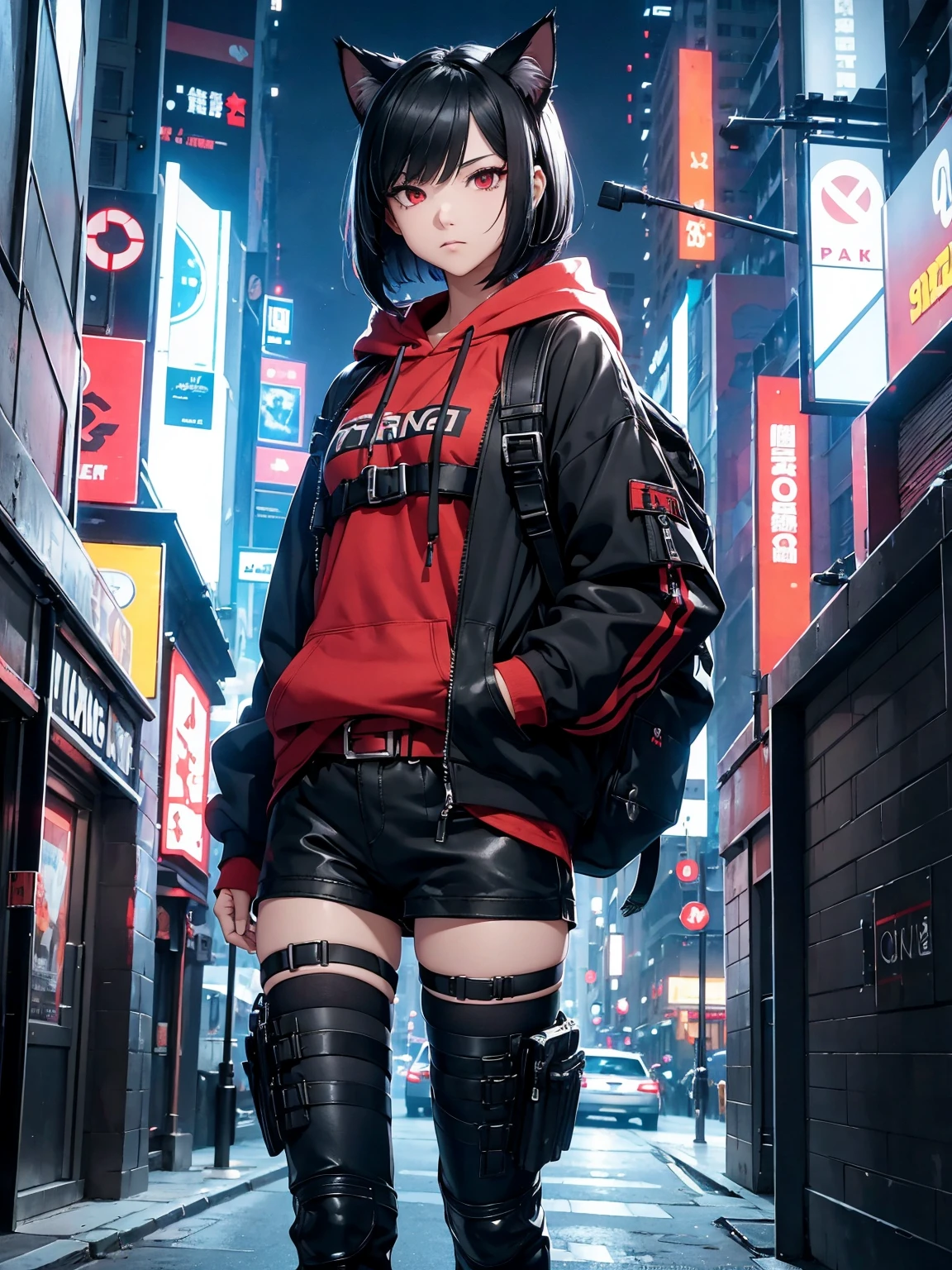 Female Solo、Black hair short bob、large full breasts、Slender eyes、Red Eyes、Cat's ears、Black hoodie、shortpants、rucksack、a belt、new york streets、cyberpunked、Active Pose、Parkour、hightquality、high-detail、8K picture quality、Night background、spot light、concept-art、masterpiece、