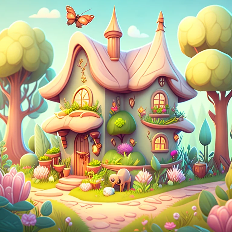 Cartoon-style house, flowers and plants, magical elements, mobile game, forest and plants, a touch of magical elements, outlines of animals.