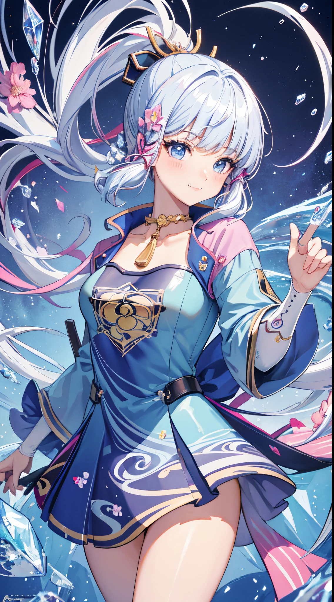 1 Anime Girl, Samurai, Abstract, Beautiful, Smile, Elegant, Majestic, Splash Art, Light Particles, (Diamond, Crystal burst:1,4) (Cold Energy, Cold Wind ?????, Cold Water: 1.4) Dynamic Pose, Galaxy, (fractal art:1.1), (colorful:1.1),(Crystal flowers:1.4), (spiral Splash), highest detailed,(zentangle:1.1),(abstract background:1.1), (shiny skin), (many colors:1.4), UHD, retina, masterpiece, accurate, anatomically correct, textured.