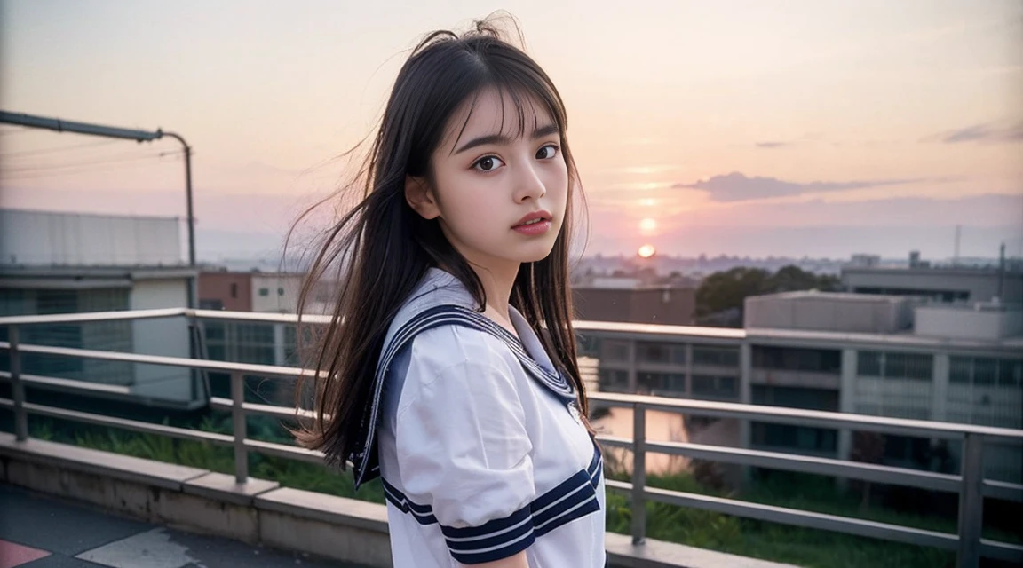 (Best Quality, 8K, 32 k, tmasterpiece, (english) (english) (english):1.2), (Raw foto), (realisitic), (Photorealistic:1.2), (high resolucion), Ultra-detailed, extremely beautiful face & eyes, 1girll, (Lori, 14 year old:1.2), young female, innocent face, faint expression, sad look, Black straight hair, thin-waist, tits huge, slim proportions, (Uniform of Japanese sailors, sailor fuku, serafuku, japanese school sailor uniform, striped pleated miniskirt:1.27), Beautiful profile, sunset outside, red sky and clouds, 90s, vintage film camera shooting, school rooftop, short skirts, Pretty legs