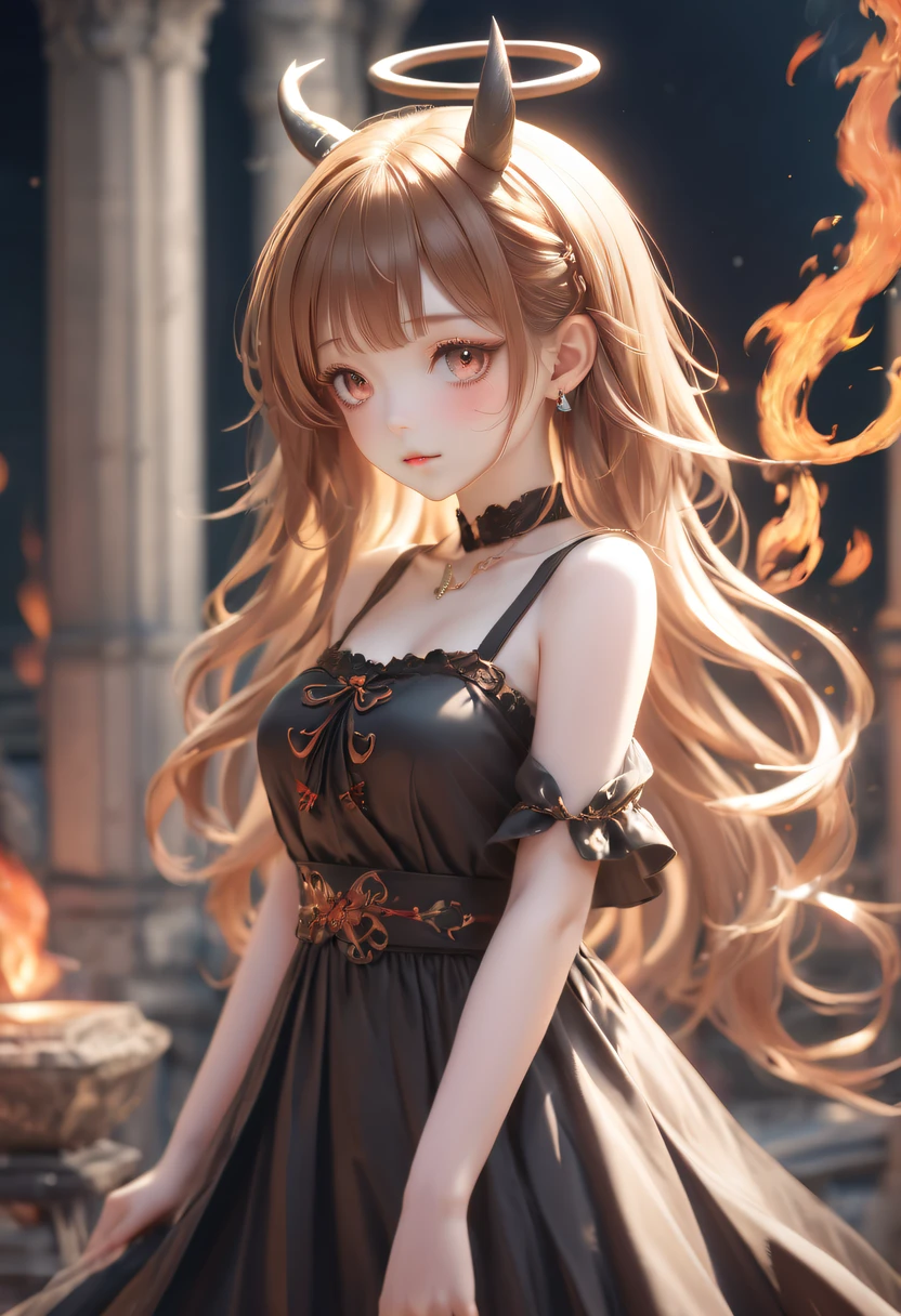 (火焰/butterflys/Loim,dynamic scene:1.3),Anime girl with horns and skulls on her clothes, ((Light brown hair))(loli in dress, gothic maiden anime girl, Cute anime waifu wearing nice clothes, Anime cute art style, Anime girl in black dress, nightcore, (Anime manga girl), Anime style 4k, Curvy little loli, High quality anime art style, Anime manga girl, Demon anime girl
