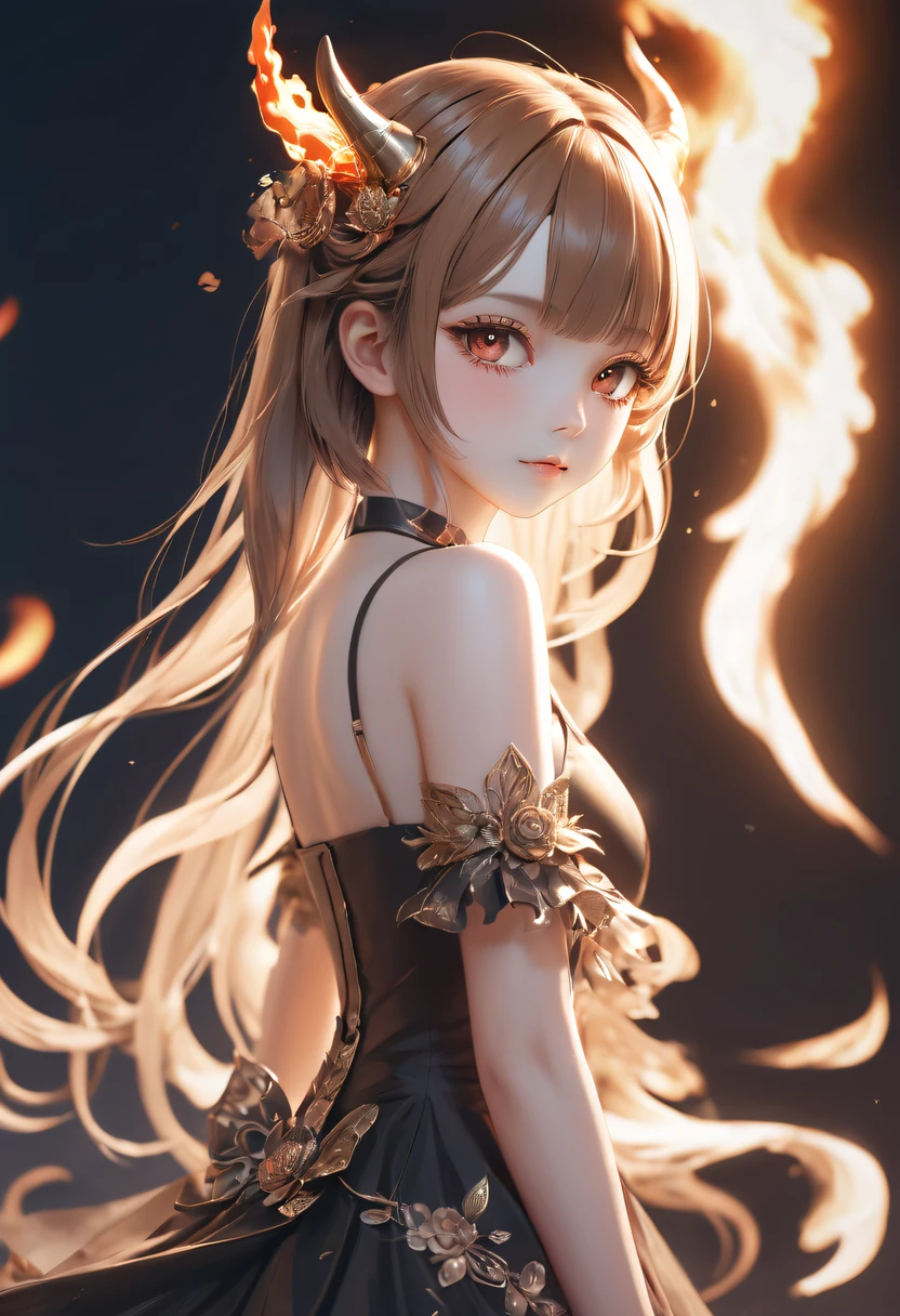 (火焰/butterflys/Loim,dynamic scene:1.3),Anime girl with horns and skulls on her clothes, ((Light brown hair))(loli in dress, gothic maiden anime girl, Cute anime waifu wearing nice clothes, Anime cute art style, Anime girl in black dress, nightcore, (Anime manga girl), Anime style 4k, Curvy little loli, High quality anime art style, Anime manga girl, Demon anime girl