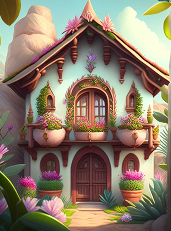 Casa estilo desenho animado, flores e plantas, cogumelos, Magical Elements, Mobile Game, floresta e plantas, a touch of magical elements, contornos de animais.