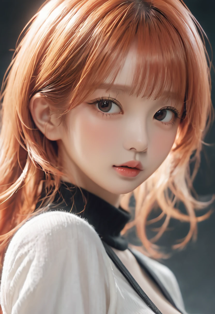 (火焰/butterflys/Loim,dynamic scene:1.3),Best quality, tmasterpiece, Kirilet Blend, Alone, 1 busty girl, 黑The eye, in white turtleneck shirt, (Chibi: 0.6), light red hair, One sticker, Dispose, Cute big breasts, white backgrounid, ((make food))