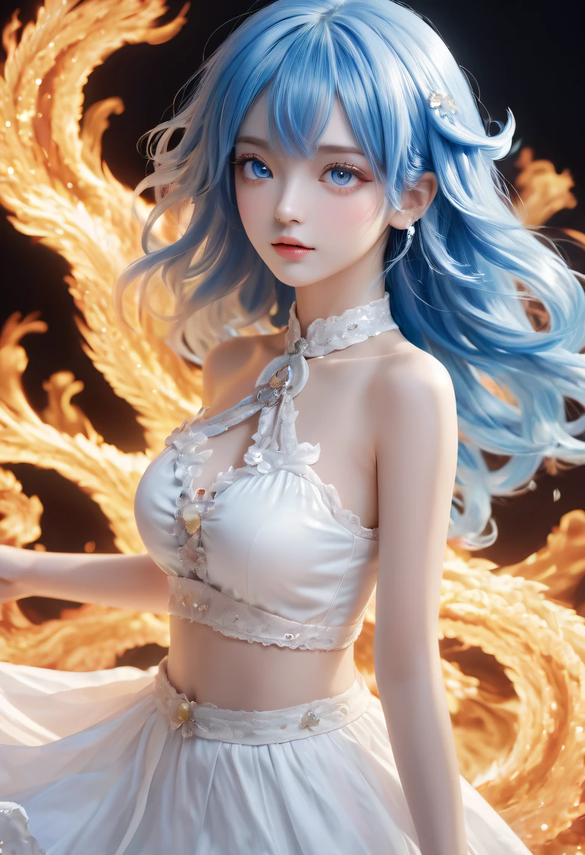 (火焰/butterflys/Loim，dynamic scene:1.3)，Ridiculous resources, A high resolution, (offcial art, Beautiful and beautiful:1.2), (Near vision:1.15), (1 busty girl, Blue hair, Medium hair, eBlue eyes, Eyes are bright, a white long skirt, Blue ruffles,:1.2) blue-sky, twinkling galaxy, (uni salt flats:1.2), (s fractal art:0.8), Water Effects, Ripple Effect, (flower effect: 0.65), Light effect,