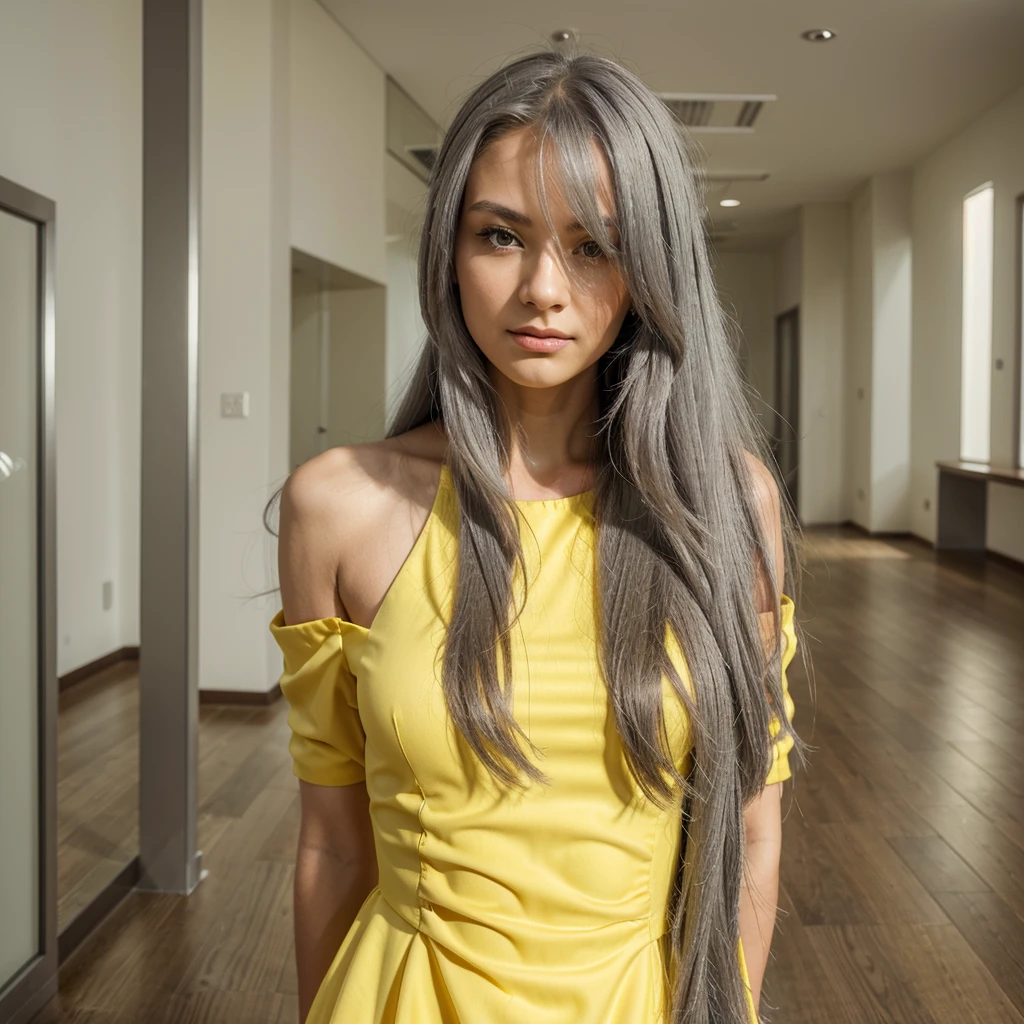 woman with long gray hair  , , so photo of a beautiful woman, high quality portrait, beautiful girl model, single person only,  best  pose yellow dress, in local place