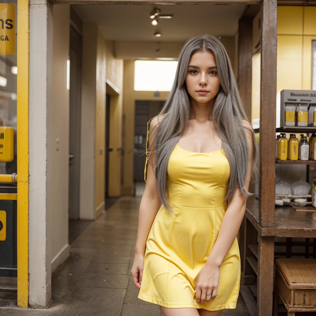 woman with long gray hair  , , so photo of a beautiful woman, high quality portrait, beautiful girl model, single person only,  best  pose yellow dress, in local place