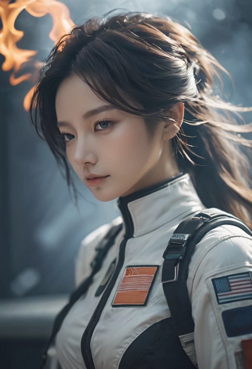 (火焰/butterflys/Loim，dynamic scene:1.3)，Female astronaut in space j0rd7nj0n3s, Nice face, photograph of-realistic, (sporty attire), [smokes], [haze], natural  lightting, shallowdepthoffield, Shot with Canon EOS-1D X Mark III, 50mm lens, F/2.8, (intricately details, the ultra-detailed), ((RAW color)), Focus sharp, HighDynamicRange, 4K分辨率, Motion picture film