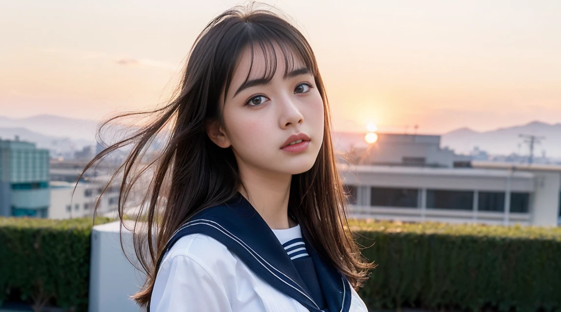 (Best Quality, 8K, 32 k, tmasterpiece, (english) (english) (english):1.2), (Raw foto), (realisitic), (Photorealistic:1.2), (high resolucion), Ultra-detailed, extremely beautiful face & eyes, 1girll, (Lori, 14 year old:1.2), young female, innocent face, faint expression, sad look, Black straight hair, thin-waist, tits huge, slim proportions, (Uniform of Japanese sailors, sailor fuku, serafuku, japanese school sailor uniform, striped pleated miniskirt:1.27), Beautiful profile, sunset outside, a clear blue sky, White clouds, 90s, vintage film camera shooting, school rooftop, short skirts, Pretty legs