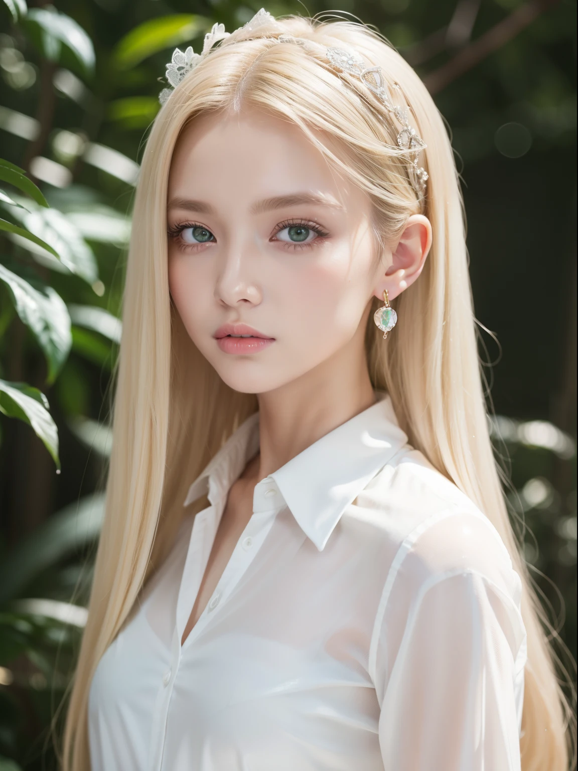 Very beautiful golden shiny platinum blonde hair、Super long straight hair、glowing pale green eyes、Transparent white and wet nightgown、15 year old beautiful girl、a baby face、European youth、perfect body ace perfect、Bright makeup、Thin pink lips、Girl in the shower、1 girl in、Unbuttoned shirt、lipsticks、Hair buns、Colored inner hair、deceptive advertising、{steams}、Viewer Vision、Golden Hour Lighting、comic strip、Bokeh atmosphere perspective、detailed video light、intricate-detail、hight resolution、 Detailed features of face design、high détails、Clear focus、SMOOTHNESS、aesthetics、high détails、printed、octane、{{masterpiece}}、fullbody image、Equal to the size of the body