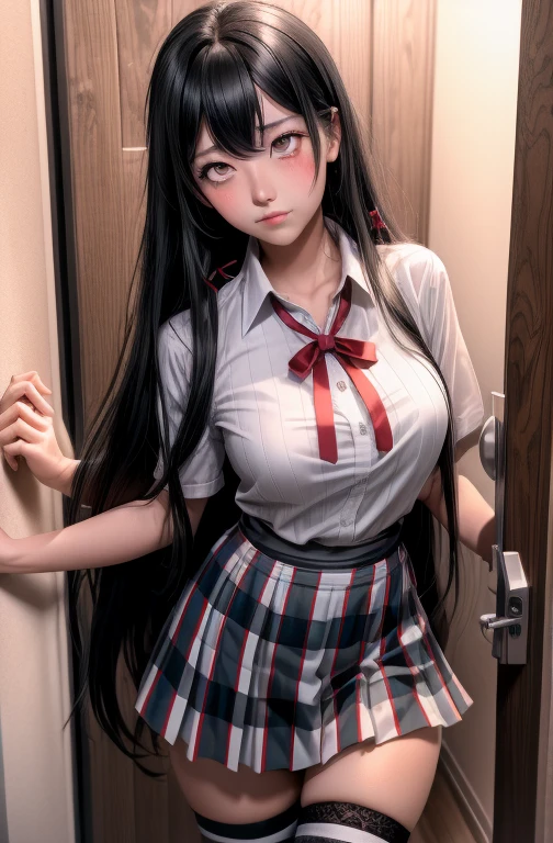1 girl as yukino yukinoshita, absurdres, highres, solo, school uniform, big breasts, waist long black hair, (twintails:0.5), miniskirt, black thighhigh socks, loose red ribbon, unbuttoned white shirt, (ahegao:1.2), (rolling eyes:1.2), pov_doorway blush, looking_at_viewer