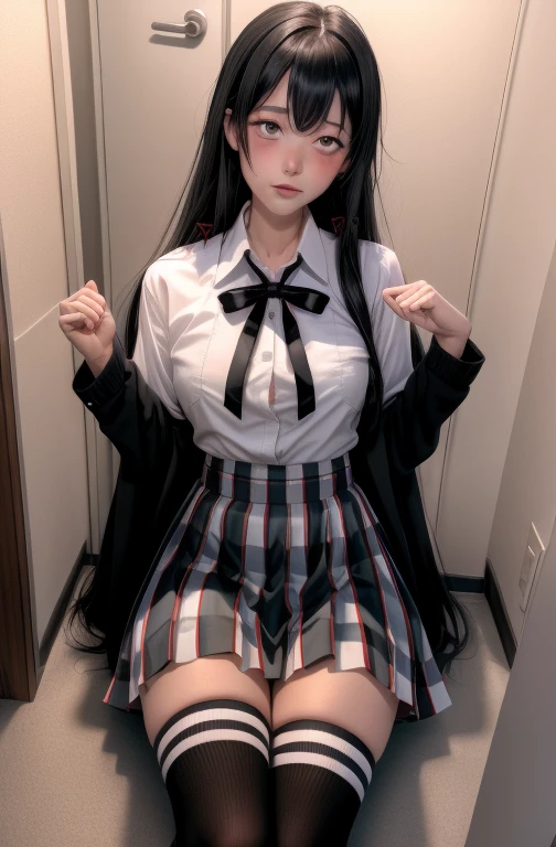 1 girl as yukino yukinoshita, absurdres, highres, solo, school uniform, big breasts, waist long black hair, (twintails:0.5), miniskirt, black thighhigh socks, loose red ribbon, unbuttoned white shirt, (ahegao:1.2), (rolling eyes:1.2), pov_doorway blush, looking_at_viewer