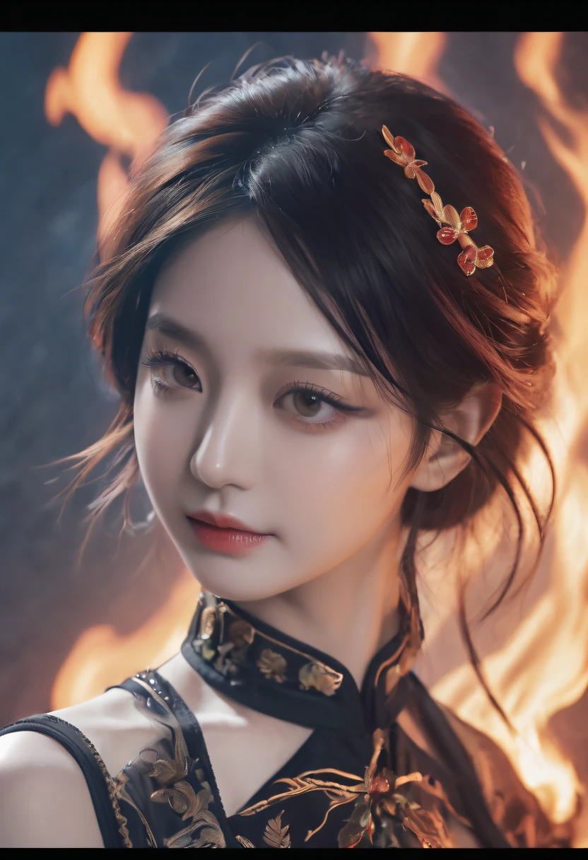 (tmasterpiece:1.4), (Best quality:1.4), (A high resolution:1.4), (tmasterpiece, Best quality, A high resolution:1.4),(火焰/butterflys/Loim,dynamic scene:1.3), givenchy, 校服, (cable bow:1.1), ssmile