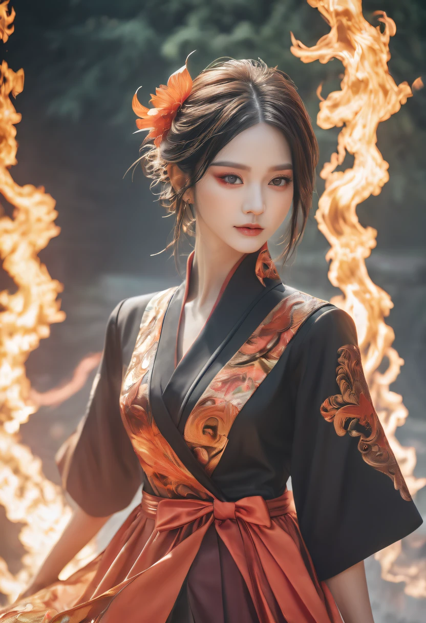 (tmasterpiece:1.4), (Best quality:1.4), (A high resolution:1.4), (tmasterpiece, Best quality, A high resolution:1.4),(火焰/butterflys/Loim，dynamic scene:1.3)， givenchy, 校服, (cable bow:1.1), ssmile