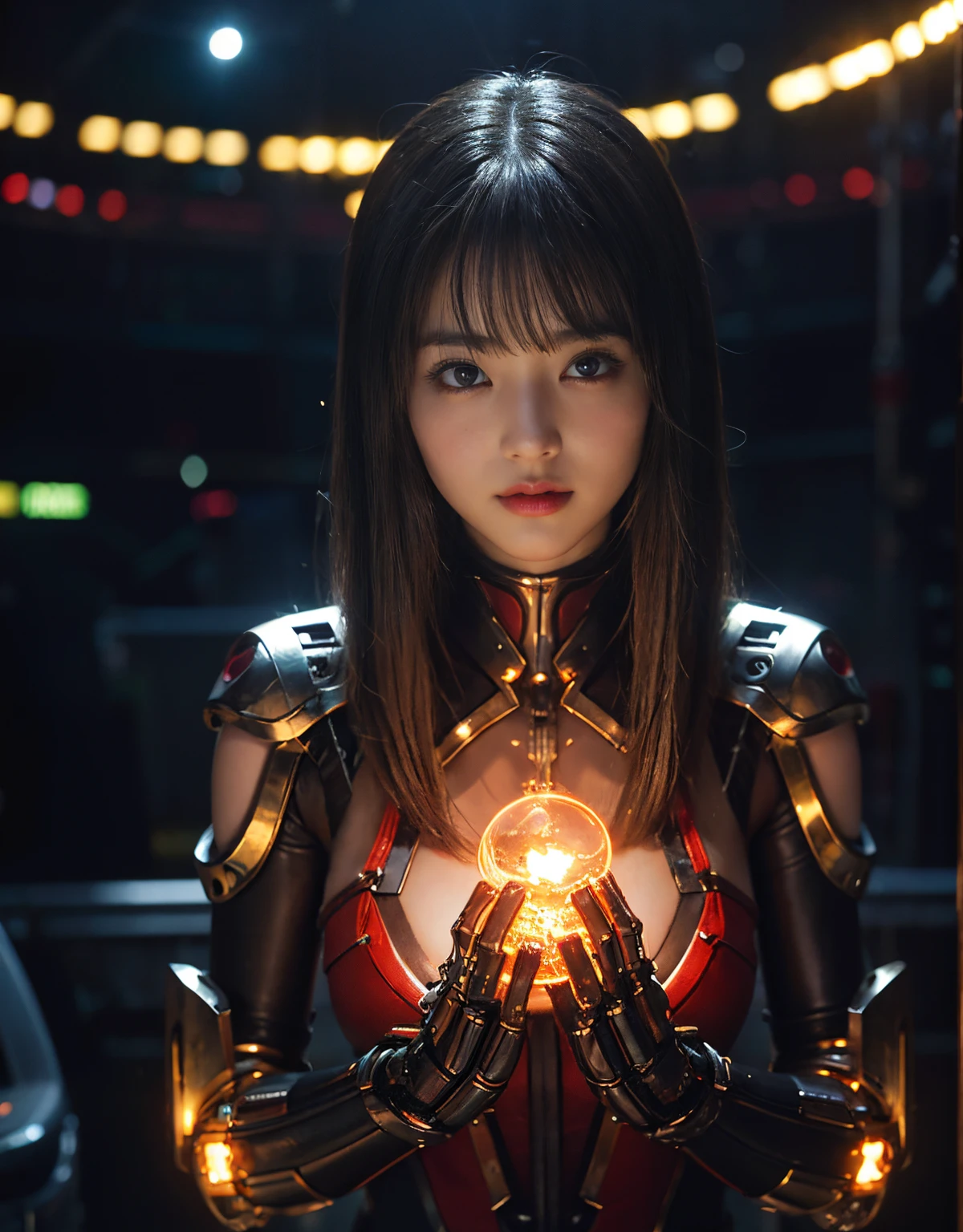(Skimpy mechanical girl and alien background)、(Mystical expression)、highest quality、masterpiece、Super high resolution、(Photoreal:1.4)、RAW photo、1 girl、glowing skin、(((1 Mechanical Girl)))、Heavy chest、(red metalボディスーツ)、(Natural alien background to fight aliens)、(Small LED)、((Super realistic details))、vertical giant monster background),global illumination、Shadow、octane rendering、8K、super sharp、robotの背景、big breasts、Raw skin exposed in the cleavage、red metal、intricate decorative details、Japan details、very intricate details、realistic light、(Mystical expression),CG Society Trenlow Eyes、Eyes shining towards the camera、Mechanical marginal blood vessels connected to neon detail tubes)、(Wires and cables connecting to the head)、Small LED、,mechanical thighs、two stock、(Hands are also made of machines)、robot、future alien、Please wear a mechanical helmet、transparent face guard on helmet、