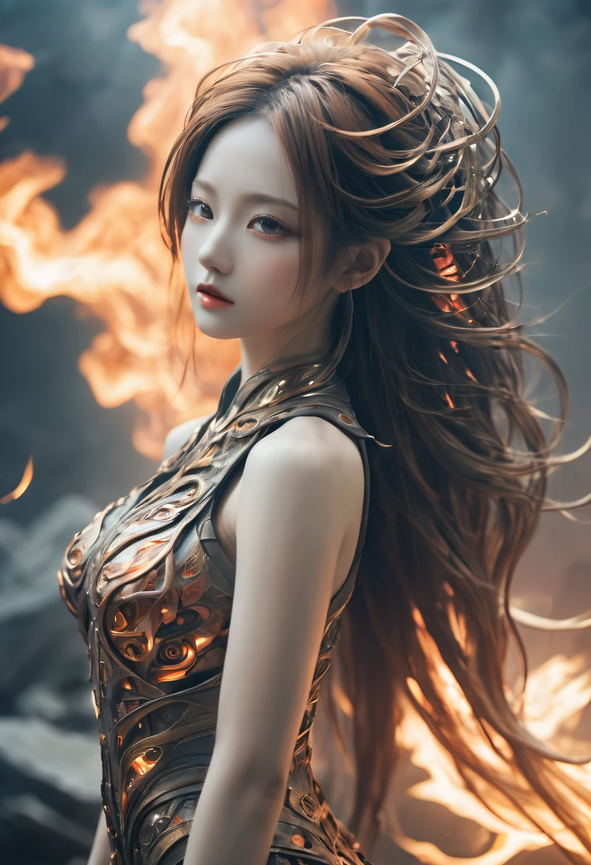 (火焰/butterflys/Loim,dynamic scene:1.3),studio photo, Beautiful robot metal woman standing alone, strange fantasy images, Strange glowing rock, The beautiful, Detailed pubic hair, Long, flowing hair, middling, great skin texture
