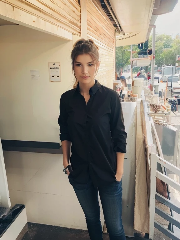 A twenty-year-old version of Sarah Gray Rafferty as a coffee barista, open shirt to show cleavage, no bra, detailed eyes and face, beautiful detailed lips, long eyelashes, confident expression, stylish outfit, holding a coffee cup, standing behind the coffee counter, surrounded by a variety of coffee beans, steam rising from the espresso machine, latte art on the coffee cups, well-lit with warm studio lighting, vibrant colors, realistic portrait style. (best quality, highres), (portrait, coffee, barista, confident expression), (detailed, realistic:1.37), (stylish outfit), (coffee counter with various beans, espresso machine with steam), (latte art, coffee cups), (studio lighting, warm colors).