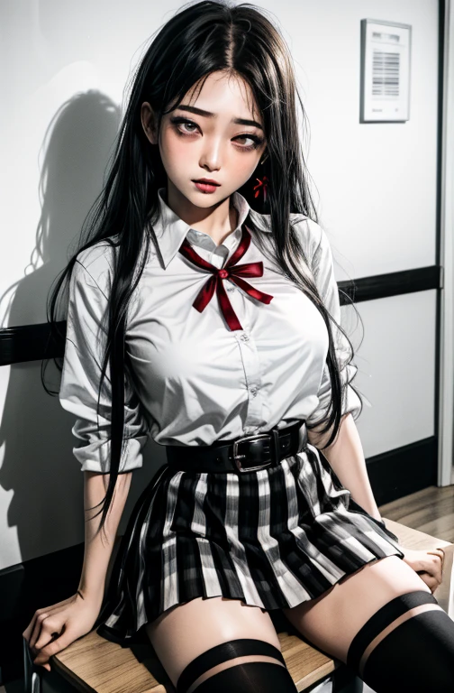 1 girl as yukino yukinoshita, absurdres, highres, solo, school uniform, big breasts, waist long black hair, (twintails:0.5), miniskirt, black thighhigh socks, loose red ribbon, unbuttoned white shirt, (ahegao:1.2), (rolling eyes:1.2), spread legs