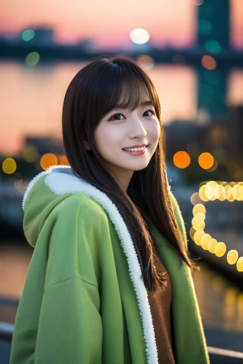 1girl in, (wearing a light green winter coat:1.2), (Raw photo, Best Quality), (Realistic, Photorealsitic:1.4), masutepiece, Extremely delicate and beautiful, Extremely detailed, 2k wallpaper, amazing, finely detail, the Extremely Detailed CG Unity 8K Wallpapers, Ultra-detailed, hight resolution, Soft light, Beautiful detailed girl, extremely detailed eye and face, beautiful detailed nose, Beautiful detailed eyes, Cinematic lighting, Standing on the night horizon of the city, Gorgeous illumination, Waterfront, Diffuse reflection of light, α80mmF1.8, Perfect Anatomy, Slender body, Small, Smiling