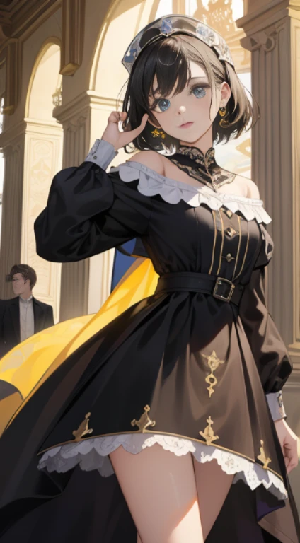 (absurderes,Une haute résolution,Ultra - détaillé),1 femelle Girturale,Cheveux jaune,longs cheveux jaune,Par frange,yeux jaunes clair,Robe de soirée jaune moutarde,manches plus longues,yeux délicats et visage délicat,détails complexesREAK mosaïque art,incrustations colorées、Motifs complexes、Conception des carreaux、Durable surface、La technique séculaire de la macrophotographie BREAK、Gros plan extrême、Détails compliqués、Textures agrandies、Clarté incroyable、Beauté cachée、Perspective immersive PAUSE 、Créer à la main、Produits faits à la main、Design unique、Détails compliqués、Expression créative、artisanat exquis