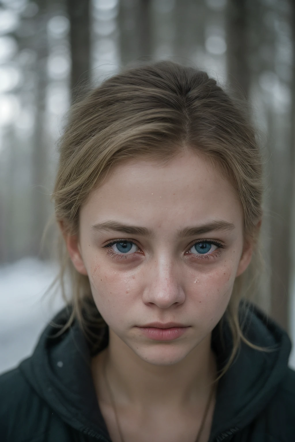 Breathtaking cinematic photo of a 15 year old girl with blonde hair and blue eyes, shirt (crying, tears in her eyes), intricate details, shallow depth of field, vignette, highly detailed, high budget Hollywood film, Bokeh, Cinemascope, Moody, epic, beautiful, filmic grain, masterpiece, award-winning, professional, highly detailed, detailed skin texture, (blush: 0.5), (goosebumps: 0.5), underground scatter. (Canadian background, snow forest background) torn clothes, destroyed clothes, dirty, dirty body, dirty face, bruised.