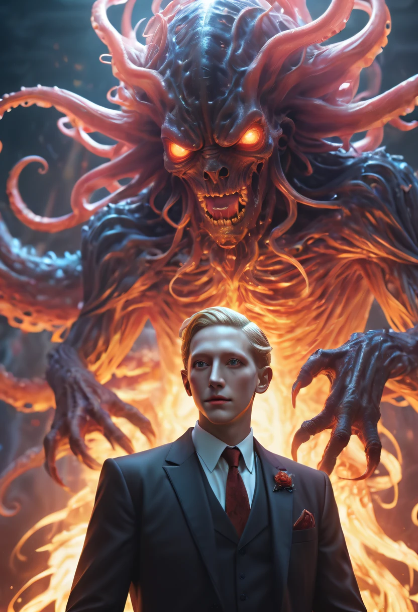 火焰/butterflys/Loim,(dynamic scene:1.3) - a gorgeous (Laughing boy:1.1) Blonde with short hair pushed by zombie,Has amazing anatomy, Zombie in tuxedo, The root rotten, tentaculata, The wind rageantasy Horror Perfect Art, 64K Ultra HD:1.1), (art by apterus, Artwork by Dan Mumford, The Art of Lovecraft:1.2), Best quality, 500px, CG, 8K, author:Dan Monford