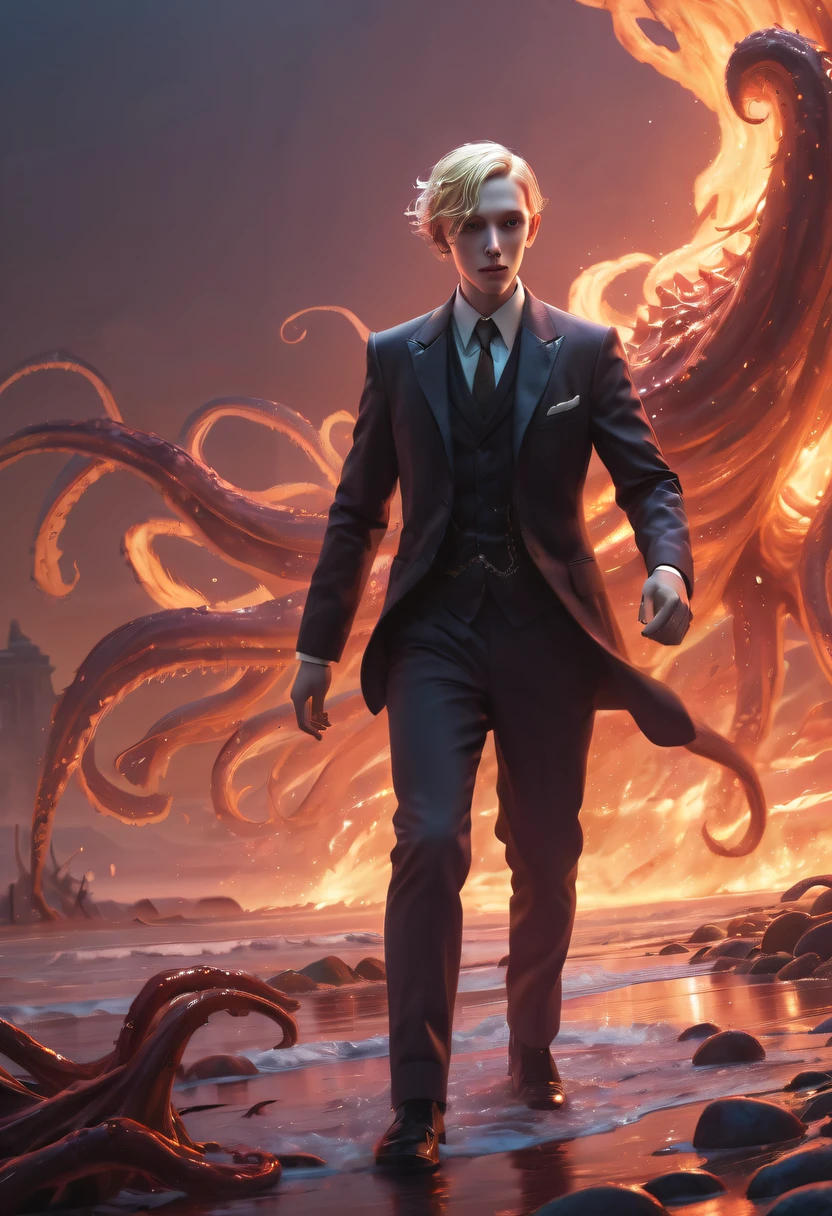 火焰/butterflys/Loim,(dynamic scene:1.3) - a gorgeous (Laughing boy:1.1) Blonde with short hair pushed by zombie,Has amazing anatomy, Zombie in tuxedo, The root rotten, tentaculata, The wind rageantasy Horror Perfect Art, 64K Ultra HD:1.1), (art by apterus, Artwork by Dan Mumford, The Art of Lovecraft:1.2), Best quality, 500px, CG, 8K, author:Dan Monford