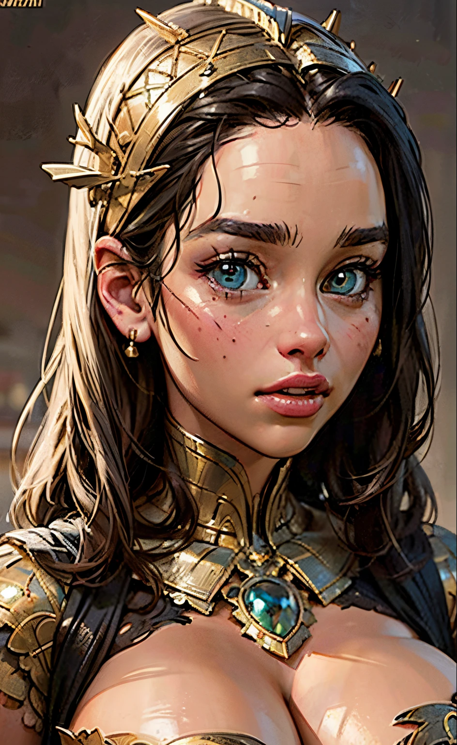 8k, ((full portrait:1.1)), emilia clarke face, a beautiful cyborg with black hair, intricate, (detailed face), beautiful detailed eyes, Egyptian elegant, highly detailed, Egyptian majestic, gigantic breasts, septum piercing, digital photography, ((puffy lips)), ((cleavage)), ((mature face)), ((gigantic breasts)), art by artgerm and ruan jia and greg rutkowski surreal painting gold peacock filigree, broken gsterpiece, sidelighting, finely detailed beautiful eyes: 1.2), hdr,