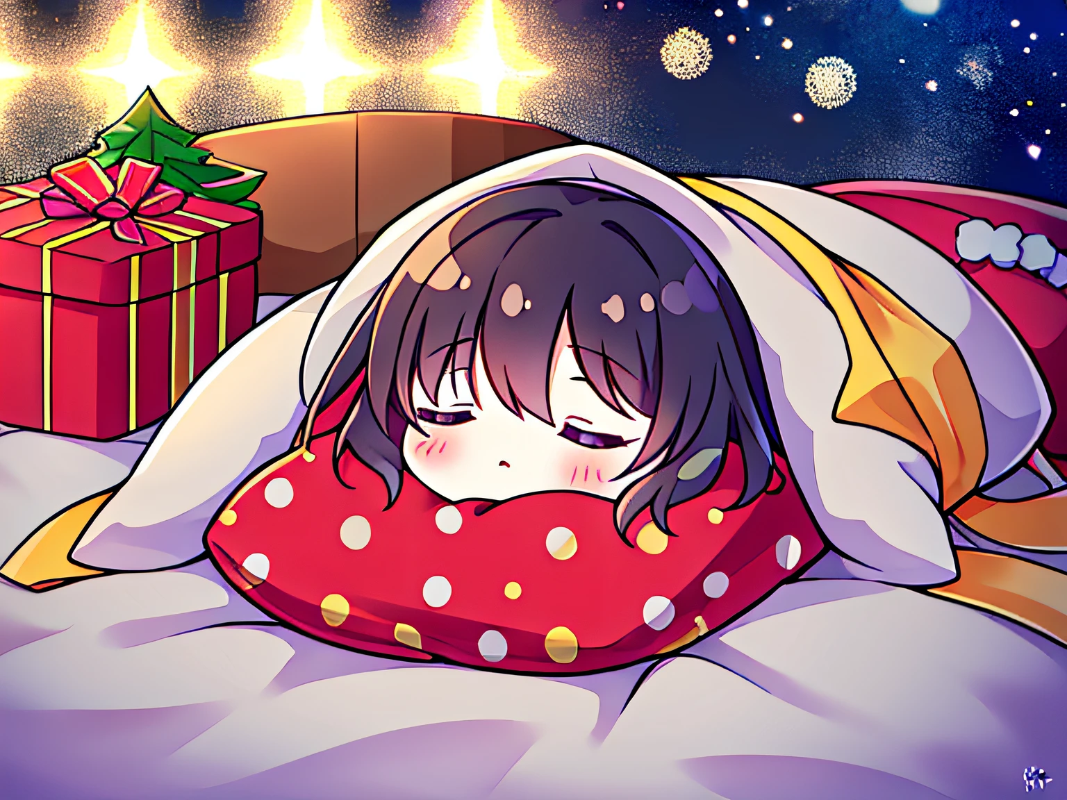 Christmas presents under the sleeping child&#39;s pillow, gift box next to head, Gift box with Christmas wrapping, Soft lighting, Volumetric Lights, Film grain, (masutepiece), (Best Quality), (ultra high detailed)
