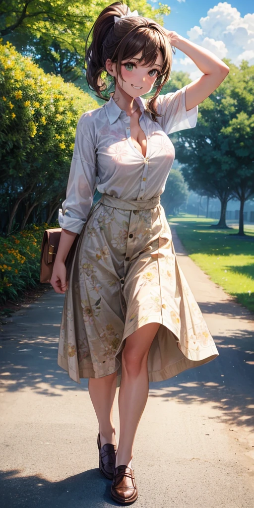 1girl, adoult, solo, full body, summer, village, trees, sun, clouds, ((brown hair)), ponytail, large breasts, button down, green eyes, ((floral pattern white shirt)), ((unbuttoned shirt)), ((short sleeved shirt)), cleavage, skirt, brown shoes, grin, looking at the viewer, standing, hair ribbon