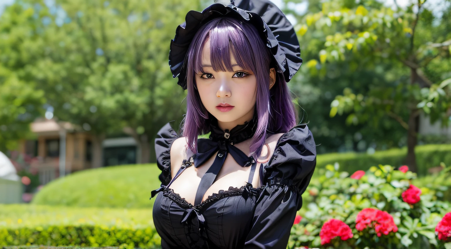 1girl, purple hair, gothic maid outfit with black collar, blushing face, big breasts