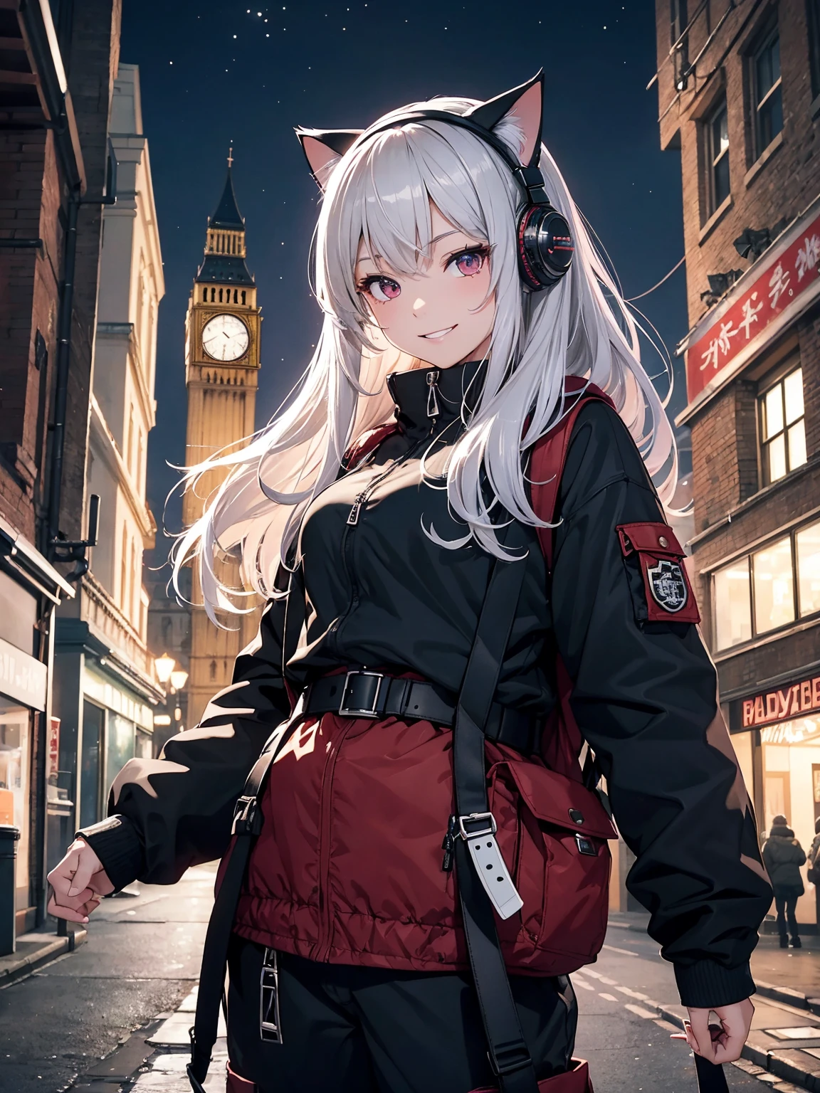 Female Solo、Silver Shorthair、large full breasts、Slender eyes、Red Eyes、grin、Cat's ears、parka、Cargo pants、rucksack、a belt、Streets of England、Big Ben、cyberpunked、Active Pose、Parkour、hightquality、high-detail、8K picture quality、Night background、spot light、concept-art、​masterpiece、