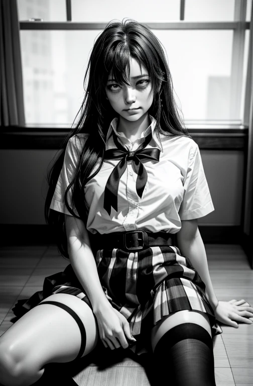 1 girl as yukino yukinoshita, absurdres, highres, solo, school uniform, big breasts, waist long black hair, (twintails:0.5), miniskirt, black thighhigh socks, loose red ribbon, unbuttoned white shirt, (ahegao:1.2), (rolling eyes:1.2), spread legs, (orgasming:1.2), fainting,