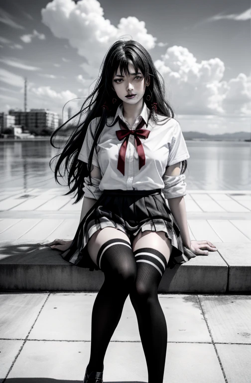 1 girl as yukino yukinoshita, absurdres, highres, solo, school uniform, big breasts, waist long black hair, (twintails:0.5), miniskirt, black thighhigh socks, loose red ribbon, unbuttoned white shirt, (ahegao:1.2), (rolling eyes:1.2), spread legs, (orgasming:1.2), fainting,
