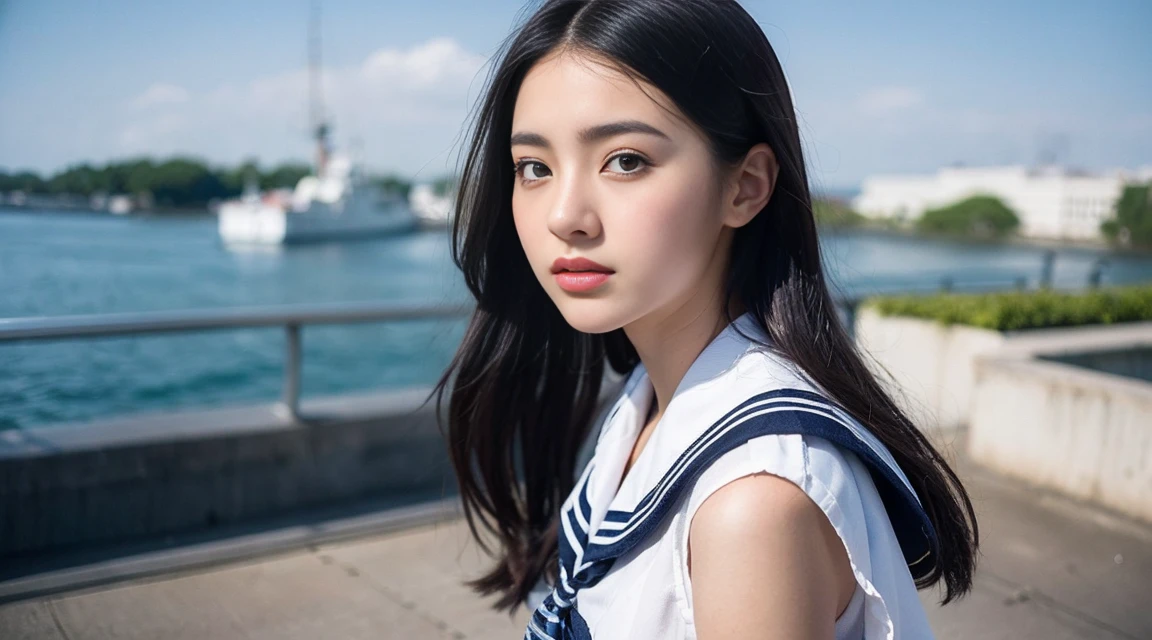 (Best Quality, 8K, 32 k, tmasterpiece, (english) (english) (english):1.2), (Raw foto), (realisitic), (Photorealistic:1.2), (high resolucion), Ultra-detailed, extremely beautiful face & eyes, 1girll, (Lori, 14 year old:1.2), young female, innocent face, faint expression, sad look, Black straight hair, s whole body, thin-waist, tits huge, slim proportions, (Uniform of Japanese sailors, sailor fuku, serafuku, japanese school sailor uniform, striped pleated miniskirt:1.27), Beautiful profile, a clear blue sky, White Clouds, 90s, vintage film camera shooting, school rooftop, short skirts, Pretty legs