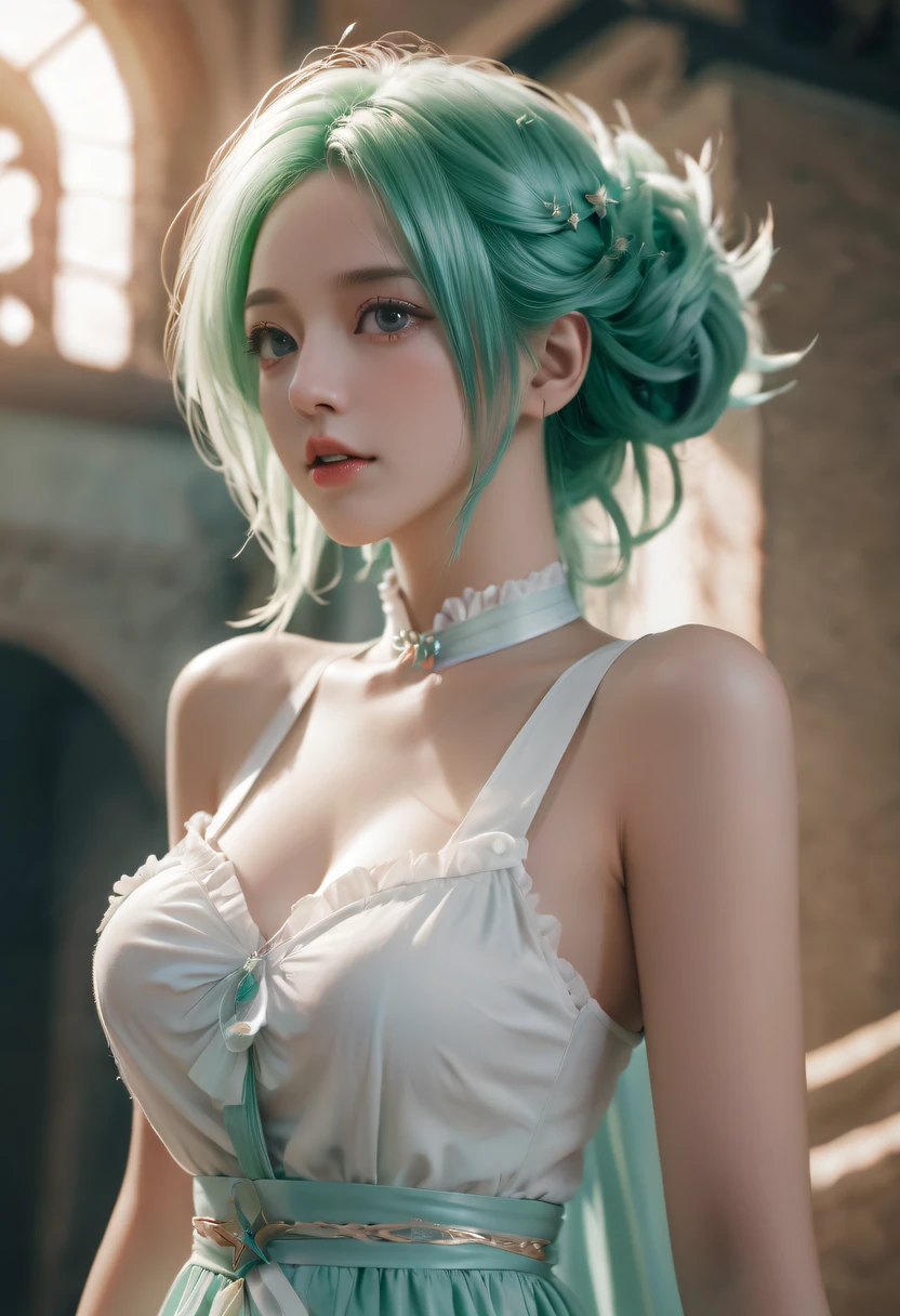 (pornography), (8k,masterpiece, top quality, best quality,beautiful and aesthetic:1.2,professional illustrasion:1.1,ultra detail:1.3,perfect lighting), extremely detailed, highest detailed, incredibly absurdres, highres, ultra detailed, intricate:1.6, (girl), beautiful, kawaii, beautiful eyes, beautiful hair, aquamarine eyes, cute rip, medium breasts, oily skin, ((brond_green hair)), ((blunt bang:1.2)), (braid ponytail:1.4), ringlets, off shoulder, black pantyhose, Black Choker, leather boots, very short length white shirts with open chest, very short pleated miniskirt, nsfw