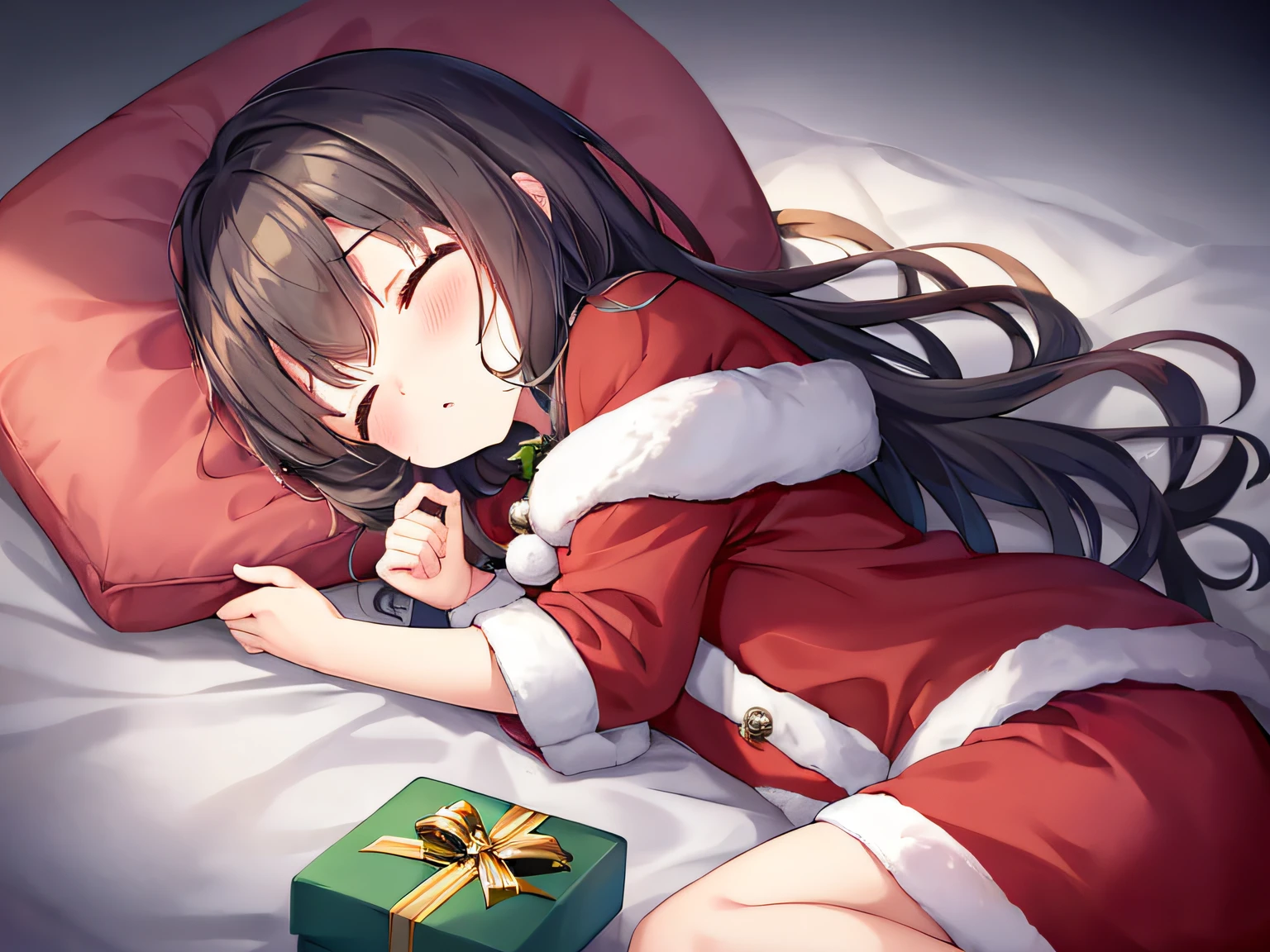 Christmas presents under the sleeping child&#39;s pillow, gift box next to head, Gift box with Christmas wrapping, Soft lighting, Volumetric Lights, Film grain, (masutepiece), (Best Quality), (ultra high detailed)