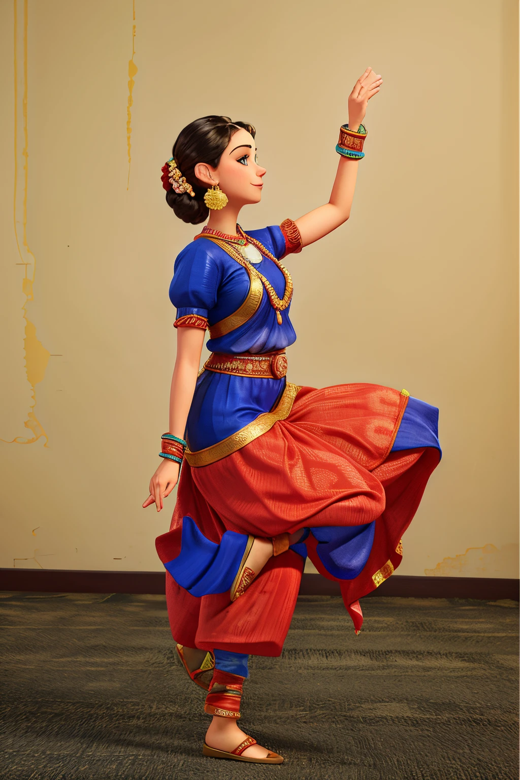 arafed woman in a blue and red outfit  dancing, traditional beauty, blue colored traditional wear, playful pose of a dancer, traditional dress, indian style, female dancer, traditional clothes, classic dancer striking a pose, inspired by T. K. Padmini, traditional costume, beautiful and graceful, traditional, traditional clothing, as though she  dancing