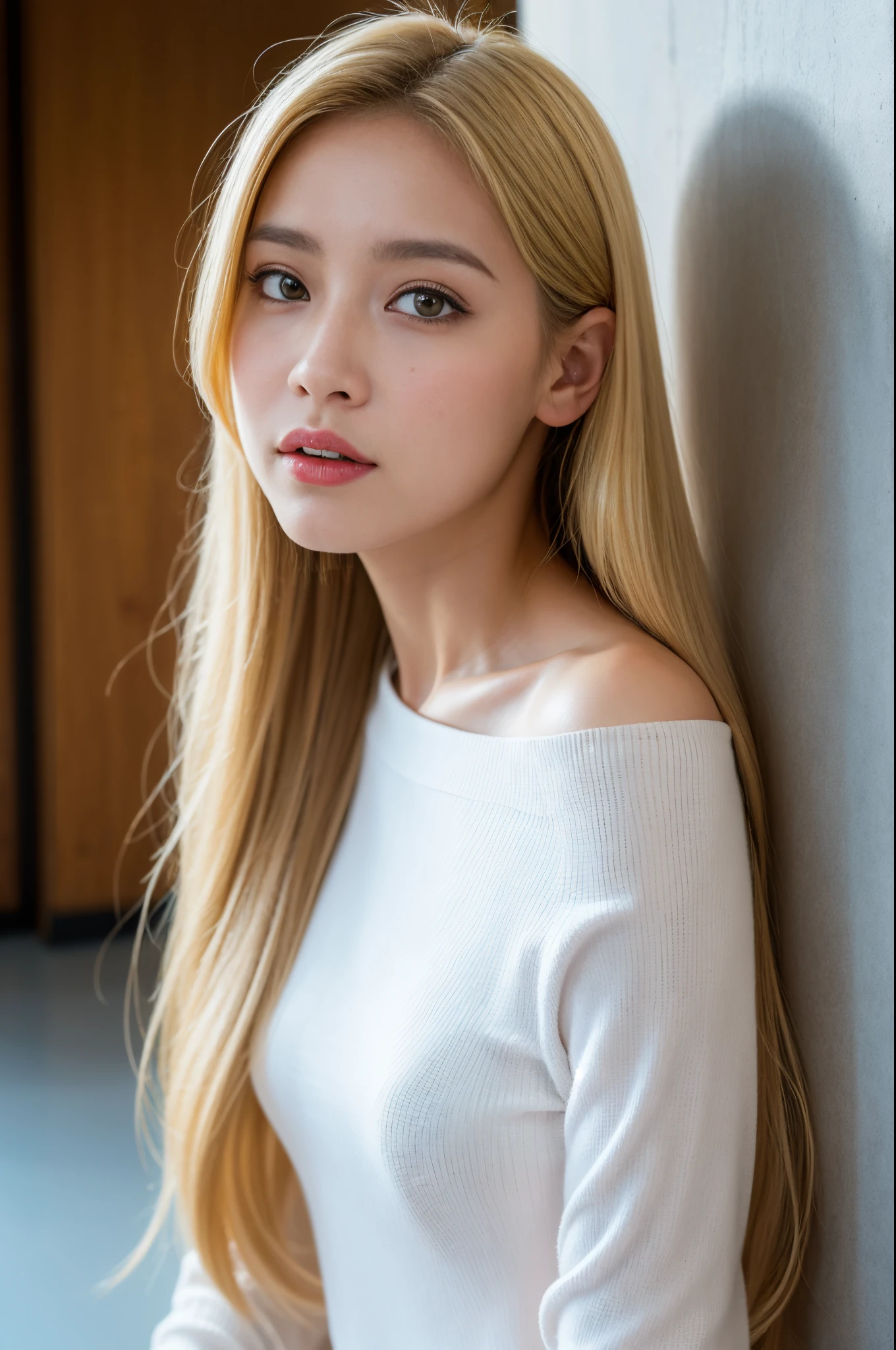 ((Day, Best Quality, 8K, Realistic)), full body, Slender Abs: 1.2, ((Long ash-blonde hair, Medium Breasts: 1.2)), (White long sleeves, Tight short pants, Tone_sunglasses, Bare_shoulder, Off_shoulder, Leaning: 1.1), (Indoor, Realistic wall background, Day lights), Highly detailed face and skin texture, detailed eyes, double eyelids, 1 person, (Face looking at the camera, The chic chin tilt, Selfie camera view, Selfie: 1.2), school uniform