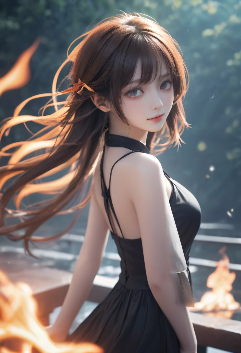 火焰/butterflys/Loim,((tmasterpiece)), ((Best quality)), ((A high resolution)), ((extremely detaild的 CG unified 8k wallpapers)), Alone, Tachibana playing, Black dress, White socks, Small smile,