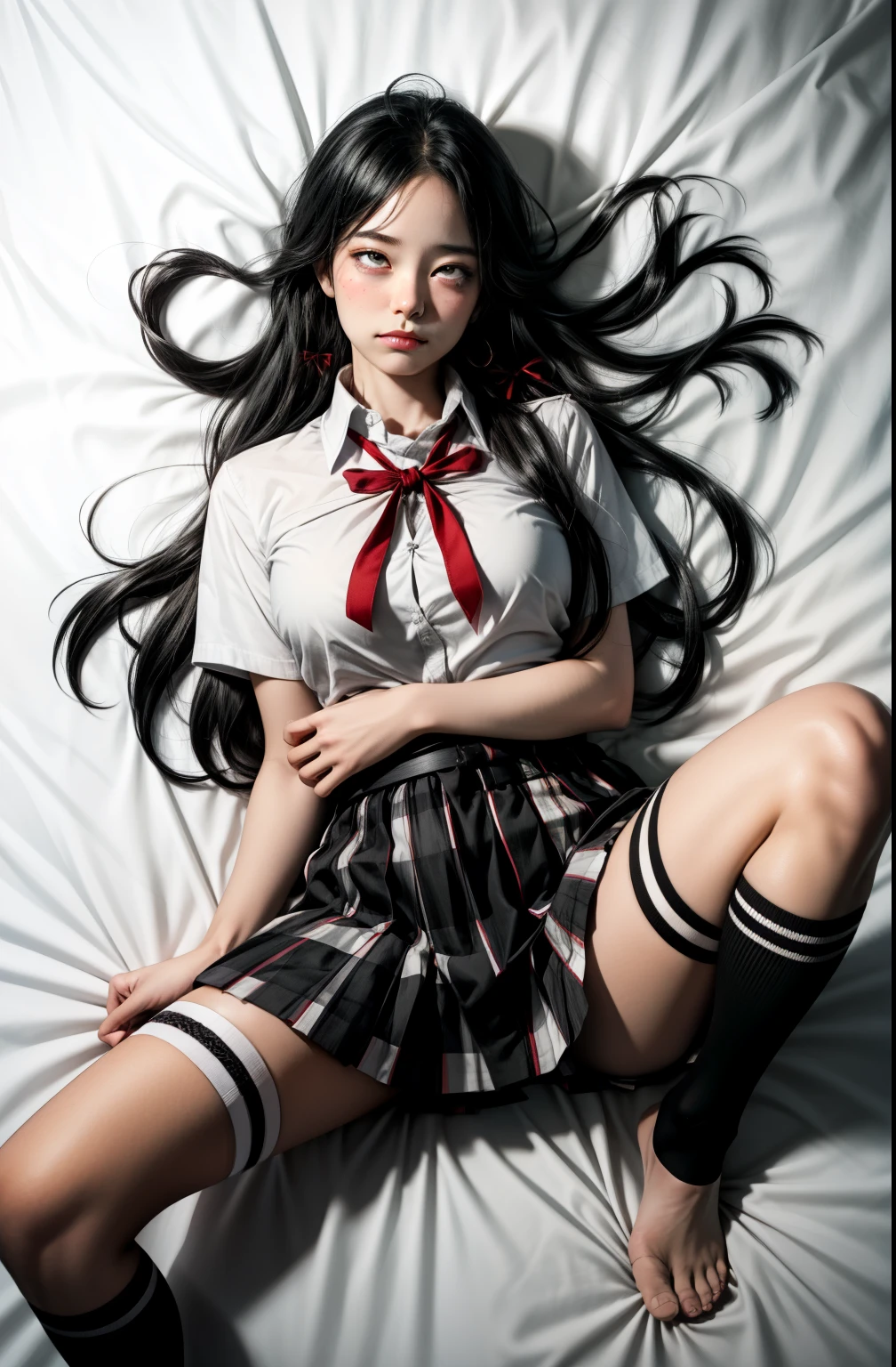 1 girl as yukino yukinoshita, absurdres, highres, solo, school uniform, big breasts, waist long black hair, (twintails:0.5), miniskirt, black thighhigh socks, loose red ribbon, unbuttoned white shirt, (ahegao:1.2), (rolling eyes:1.2), spread legs, (orgasming:1.1), fainting,