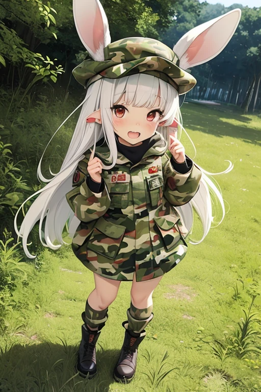 ((rabbitears)), rabbit ears from head, (Ears hide in the hair), rabbit front teeth, teens girl, Bright red eyes,  小柄, （(camouflage beret)）, full body Esbian, long white hair,  (camouflage pattern clothing), Ruins, Slightly red tide, Laugh invincibly, (double tooth)