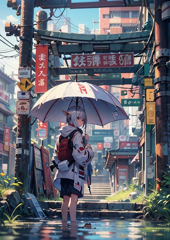 1boy,Man's ,Cyberpunk Boy、katanas,machine gun、Cat's ears、silber hair、poneyTail、The beginning of the adventure、during daytime、Into the cloud、ruined and devastated city、Complex Japan buildings、temple,railroad crossing、Bus stop、Trees、Warm lighting、puddles、Good old Japan landscape、Beautiful and fantastic summer landscape、Cinematic scenery、hightquality、masutepiece,8K、hight resolution、ultra-detailliert,