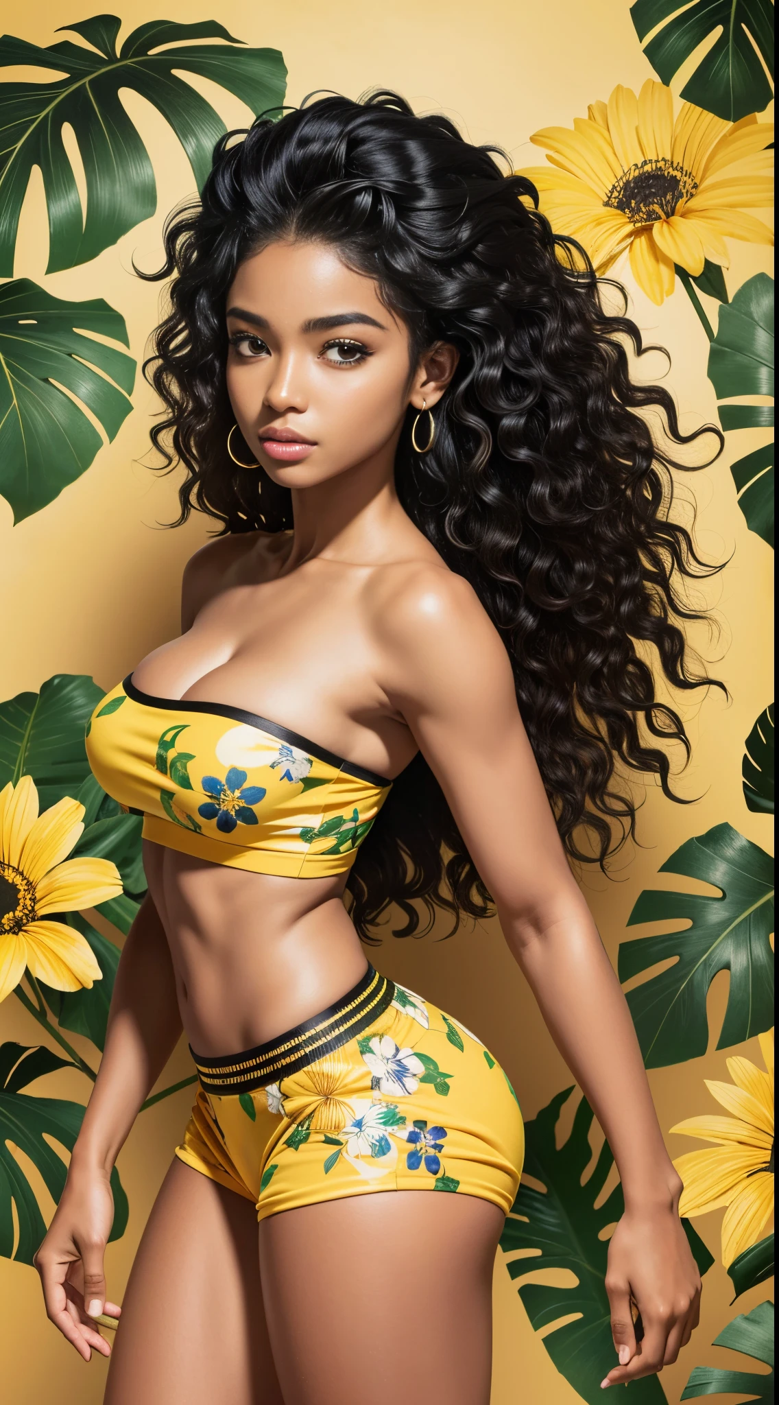 (ultra real), (full body), (high resolution), (8K), (very detailed), (best illustration), (beautiful detailed eyes), (((black brazilian woman))), wavy hair, wearing strapless yellow floral t-shirt