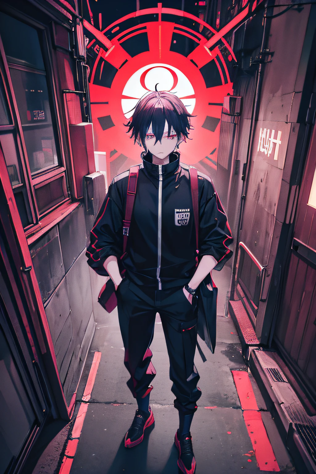 Sukuna from jujutsu kaisen anime, city, neon, wearing streetwear, absurdres, high res, ultrasharp, 8k, masterpiece, aesthetic