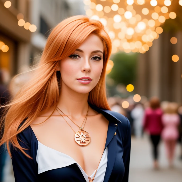 (Mature and realistic portrayal:1.2) Sailor Moon (copper blonde hair) walking through a crowd-filled street, seemingly unnoticed. Suddenly, she finds a mysterious pendant on the ground and puts it on. The pendant instantly lights up, signifying the awakening of her magnetic passion.