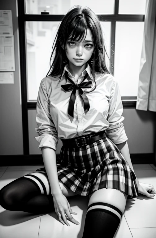 1 girl as yukino yukinoshita, absurdres, highres, solo, school uniform, big breasts, waist long black hair, (twintails:0.5), miniskirt, black thighhigh socks, loose red ribbon, unbuttoned white shirt, (ahegao:1.2), (rolling eyes:1.2), spread legs, (orgasming:1.2), fainting,