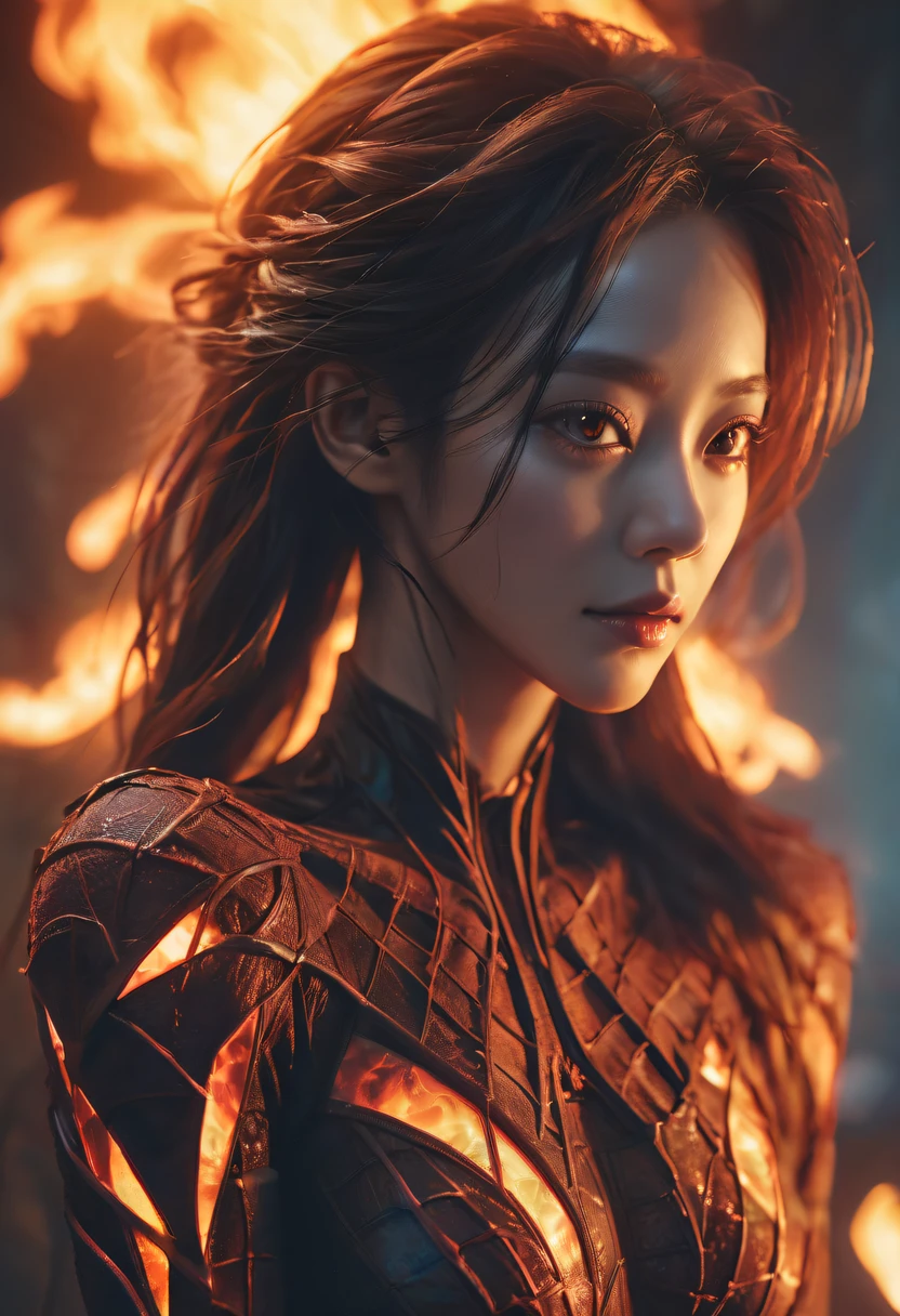 火焰/butterflys/Loim，Spider woman closeup photo portrait, atmospheric scene, tmasterpiece, Best quality, (Detailed beautiful face, detail skin texture, Ultra-detailed body:1.1),
