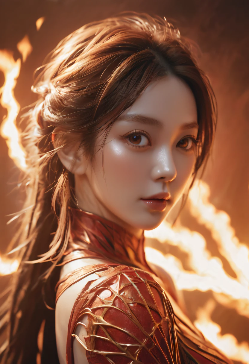 火焰/butterflys/Loim,Spider woman closeup photo portrait, atmospheric scene, tmasterpiece, Best quality, (Detailed beautiful face, detail skin texture, Ultra-detailed body:1.1),